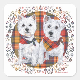 Westies auf Tartan Quadratischer Aufkleber