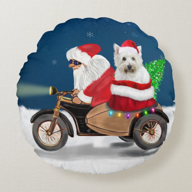 Westie's Festive Ride: Der Weihnachtsmann auf eine Rundes Kissen (Vorderseite)