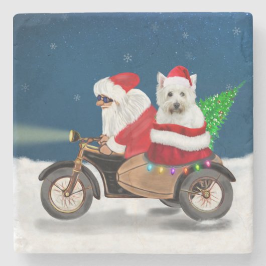Westie's Festive Ride: Der Weihnachtsmann auf eine Steinuntersetzer (Vorderseite)