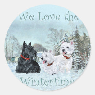 Westies & Scottie im Winter Runder Aufkleber