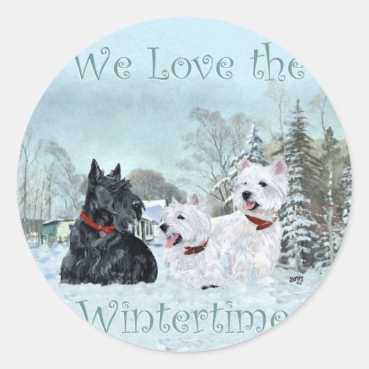 Westies & Scottie in Wintertime Runder Aufkleber (Vorderseite)