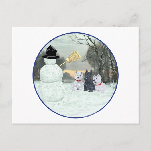 Westies & Scottie mit Snowman Postkarte (Vorderseite)