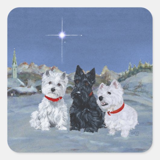 Westies und ein schottisches Weihnachtsfest Quadratischer Aufkleber (Vorderseite)