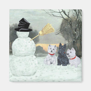 Westies und Scottie mit Schneemann Magnet
