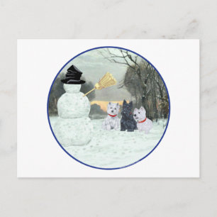Westies und Scottie mit Schneemann Postkarte