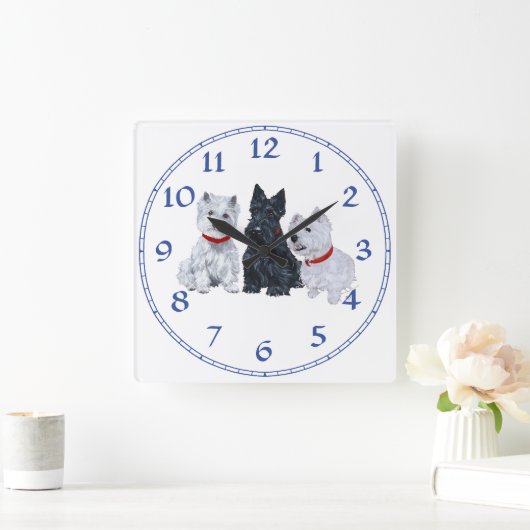 Westies und Scottie Together Quadratische Wanduhr (Zuhause)