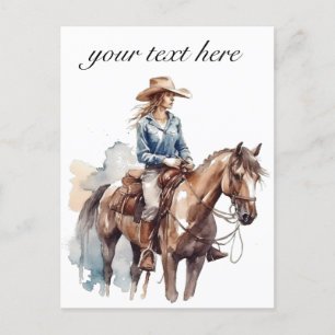 Westliche Aquarell-Braunhaar-Cowgirl, individuell Postkarte