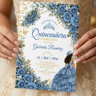 Westliche Blaue Rosen Goldenes Land Quinceañera Einladung