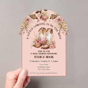Westliche Boho-Rosa-Floral-Baby-Party Acryleinladungen
