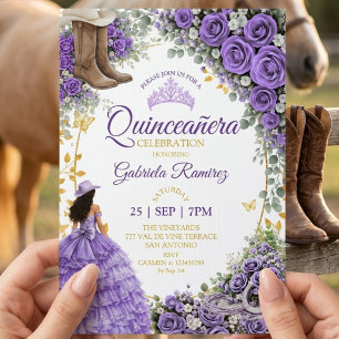 Westliche Lavendelrosen Golden Country Quinceañera Einladung