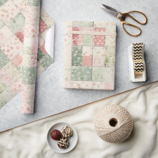 Westliche Mint-Rosa-Blumen-Quiltmuster Geschenkpapier (Kunsthandwerk)
