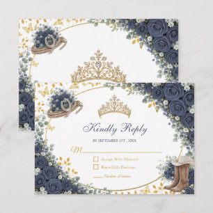 Westliche Navy-Blau-Rosen-Goldene-Country-Quinceañ RSVP Karte