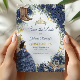 Westliche Navyblaue Rosen Goldenes Land Quinceañer Save The Date