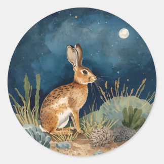 Westliche Wüste Jackkaninchen mit Mond Runder Aufkleber