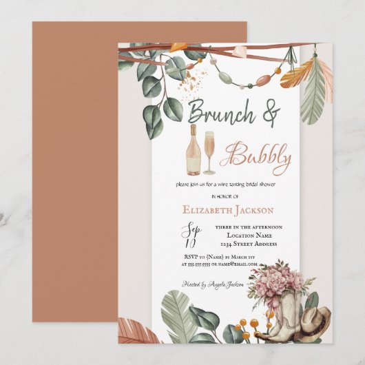 Westlicher Boho-Brunch und prickelnde Brautparty Einladung (Vorne/Hinten)