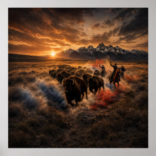 Westlicher Büffelansturm bei Sonnenuntergang Poster