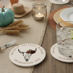 Westlicher floraler Kuhschädel-Cream-Thanksgiving Runder Pappuntersetzer