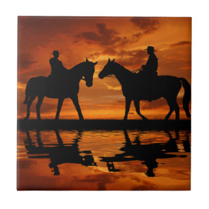 Westlicher Sonnenuntergang Reiter Cowboy-Silhouett Fliese