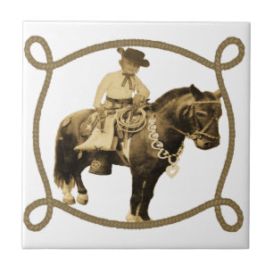 Westlicher Vintage-Cowboy auf Pferd Fliese