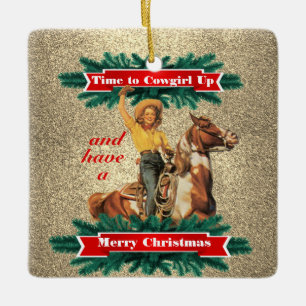 Westlicher Vintage-Cowgirl-auf-Merry-Christmas-2 Keramikornament