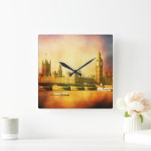 Westminster Palace und Brücke mit Big Ben Quadratische Wanduhr (Zuhause)