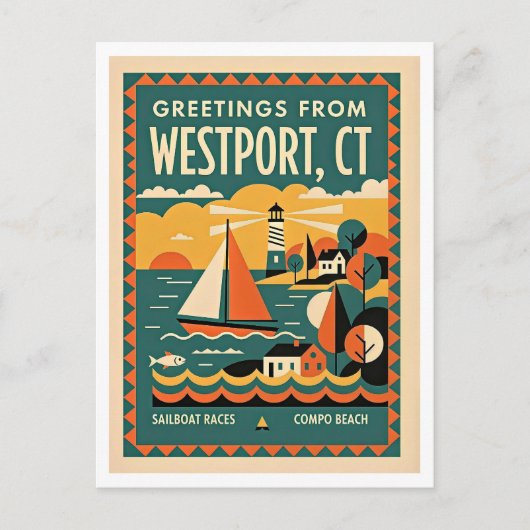 Westport CT Retro Reise Postkarte (Vorderseite)