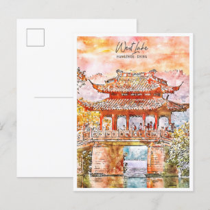 Westsee Hangzhou China Vintage-Reise Wasserfarbe Postkarte