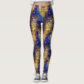 Wet Look Blue Gold Scales Fantasy Dragon Mermaid Leggings (Vorderseite)