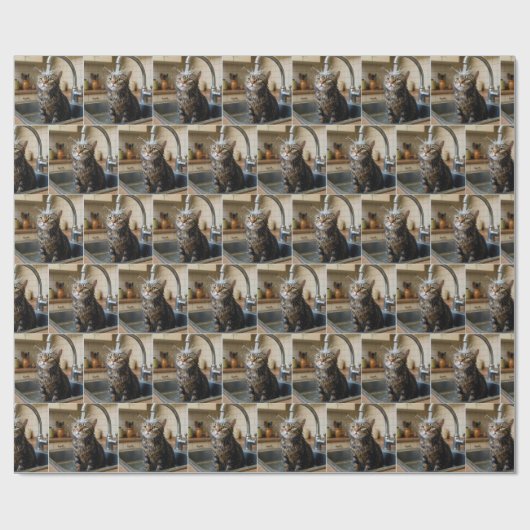 Wet Tabby Cat Sitting In a Kitchen Sink Geschenkpapier (Flach)