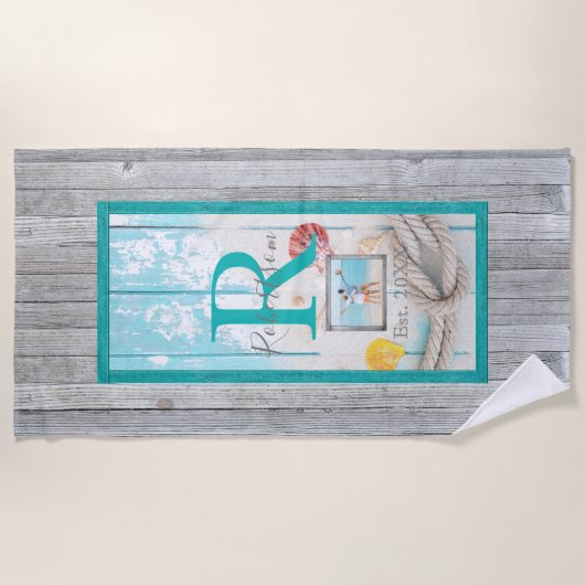 Wetterbeet Beach Wood Monogram und Foto Strandtuch (Vorderseite)
