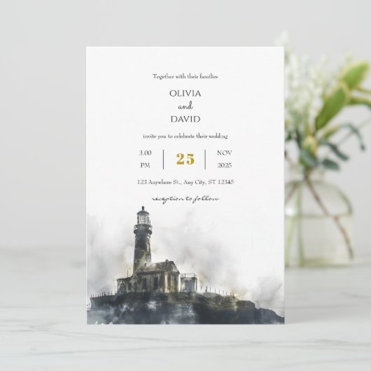 Wetterfertige Seaside Lighthouse Island Beach Wedd Einladung (Stehend Vorderseite)