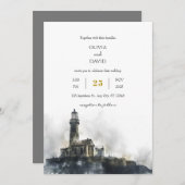 Wetterfertige Seaside Lighthouse Island Beach Wedd Einladung (Vorne/Hinten)