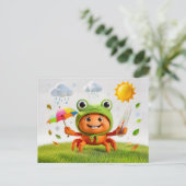 Wetterkrabbe misst Klima mit Regenbogen-Schirm Postkarte (Stehend Vorderseite)