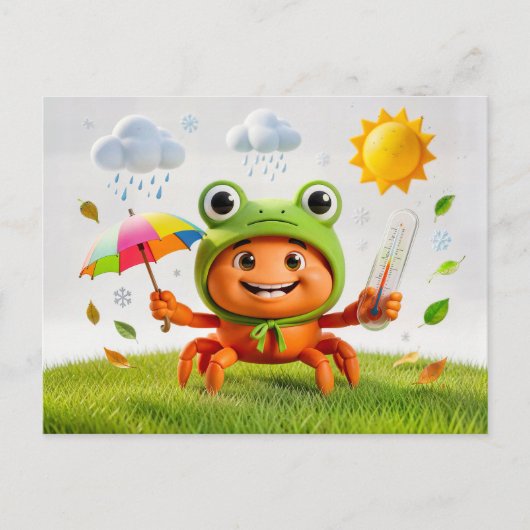 Wetterkrabbe misst Klima mit Regenbogen-Schirm Postkarte (Vorderseite)