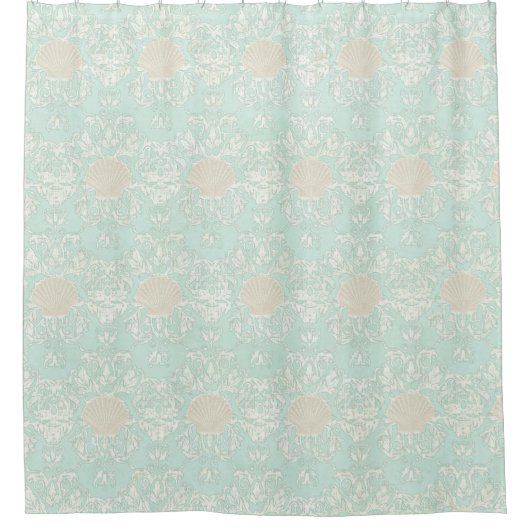 Wetterschräge Muschel Strand Damask Muster Aqua Duschvorhang (Vorderseite)