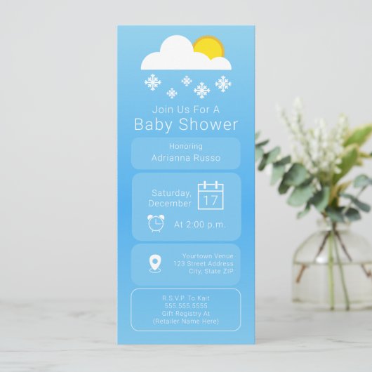 Wettervorhersage App Snow Neutral Baby Dusche Einladung (Stehend Vorderseite)