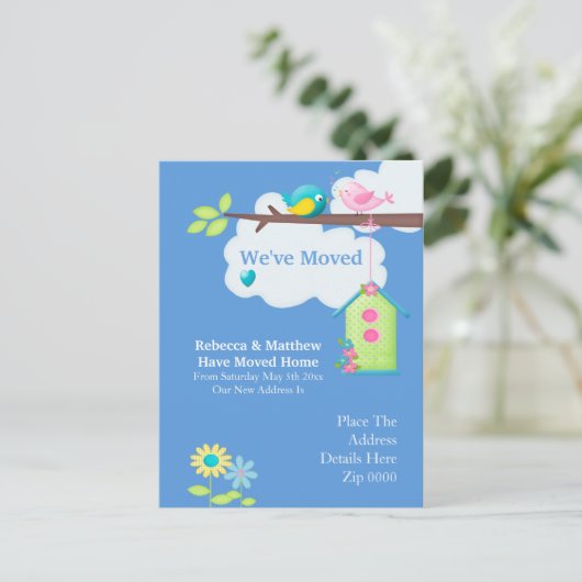 Weve bewegte Zuhause Bird House and Tree Ankündigungspostkarte (Stehend Vorderseite)