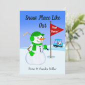 We've Moved Snowman Golfer Announcement Ankündigung (Stehend Vorderseite)