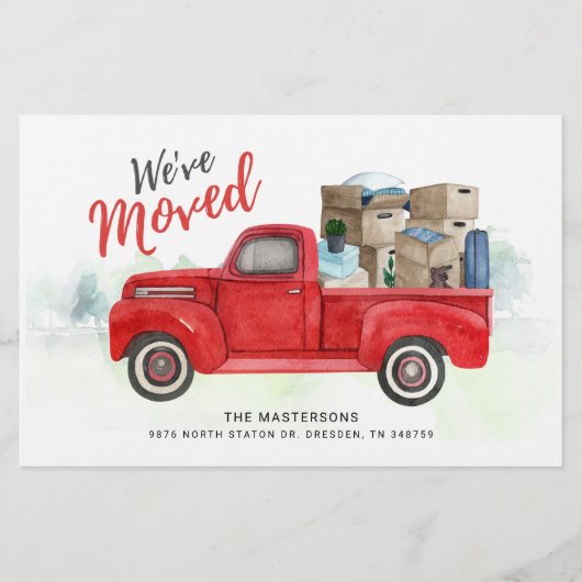 Weve Moved Watercolor Red Truck Neue Adressbewegun Briefpapier (Vorderseite)