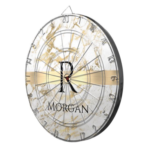 Wh & Gold Marble Gold Bar, DIY Black Name Monogram Dartscheibe (Vorderseite rechts)