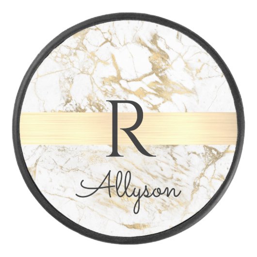 Wh & Gold Marble Gold Bar, DIY Black Name Monogram Eishockey Puck (Vorderseite)