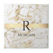 Wh & Gold Marble Gold Bar, DIY Black Name Monogram Fliese (Vorderseite)