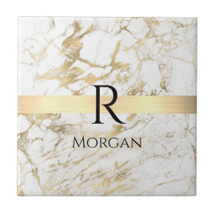 Wh & Gold Marble Gold Bar, DIY Black Name Monogram Fliese
