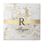 Wh & Gold Marble Gold Bar, DIY Black Name Monogram Fliese (Vorderseite)