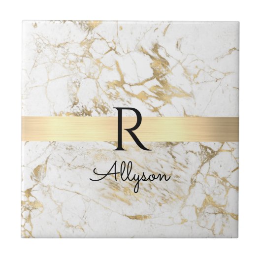 Wh & Gold Marble Gold Bar, DIY Black Name Monogram Fliese (Vorderseite)