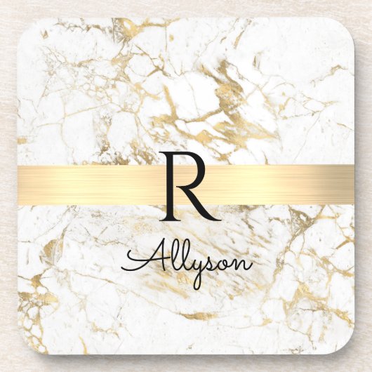 Wh & Gold Marble Gold Bar, DIY Black Name Monogram Getränkeuntersetzer (Vorderseite)