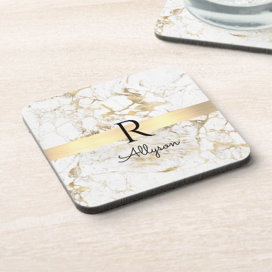Wh & Gold Marble Gold Bar, DIY Black Name Monogram Getränkeuntersetzer (Linke Seite)