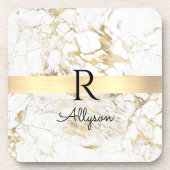 Wh & Gold Marble Gold Bar, DIY Black Name Monogram Getränkeuntersetzer (Vorderseite)