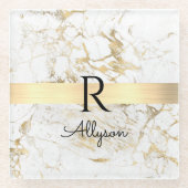Wh & Gold Marble Gold Bar, DIY Black Name Monogram Glasuntersetzer (Vorderseite)
