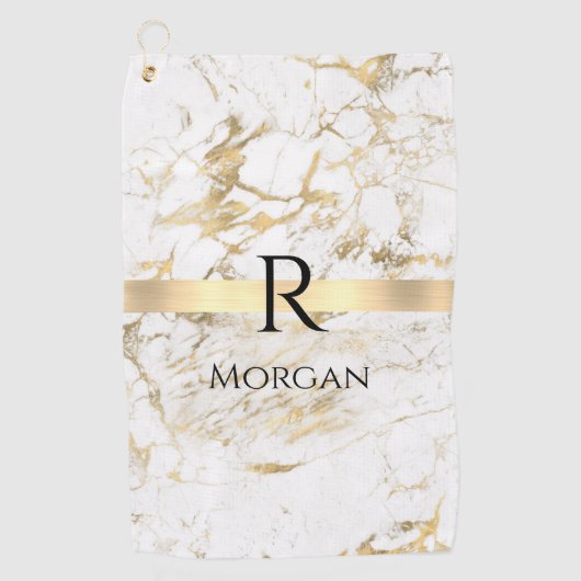 Wh & Gold Marble Gold Bar, DIY Black Name Monogram Golfhandtuch (Vorderseite)